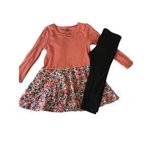 Tea Collection Red Stripe Blue Floral Dress With Navy Leggings 2t